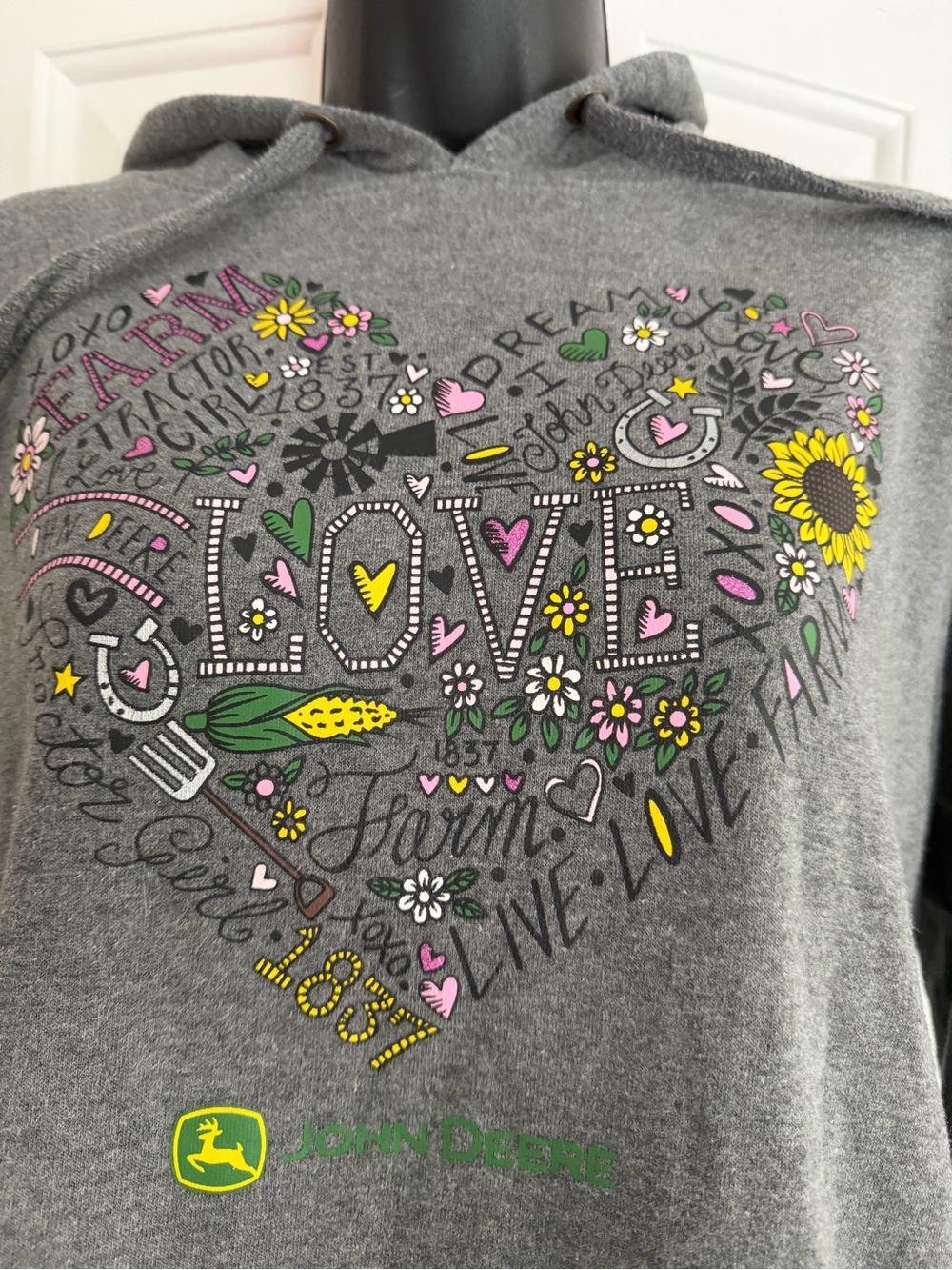 John Deere Gray Hoodie with Colorful Heart Graphic - Picture 3 of 6